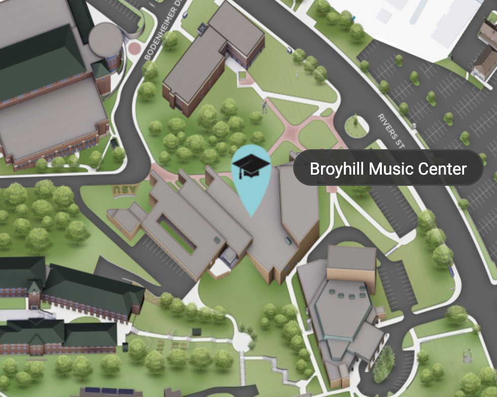 Detail from campus map showing the location of the Broyhill Music Center