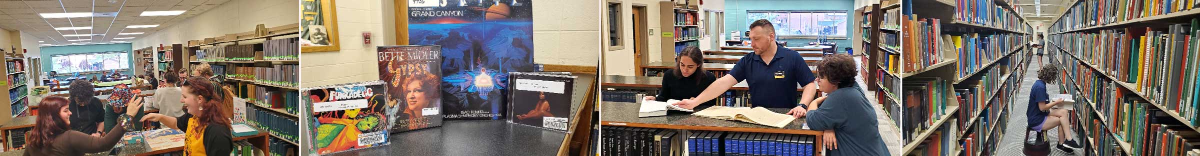 Collage showing students, faculty and staff working in the Music Library, reference materials and scores, and displays